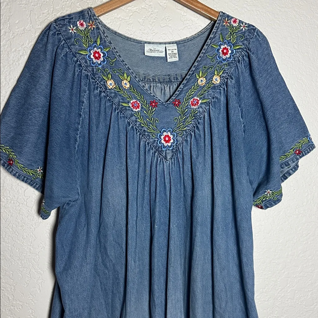 The Vermont Country Store Embroidered Denim Dress Muumuu Jumper Cottage Pockets Blue Size 3X - Image 9