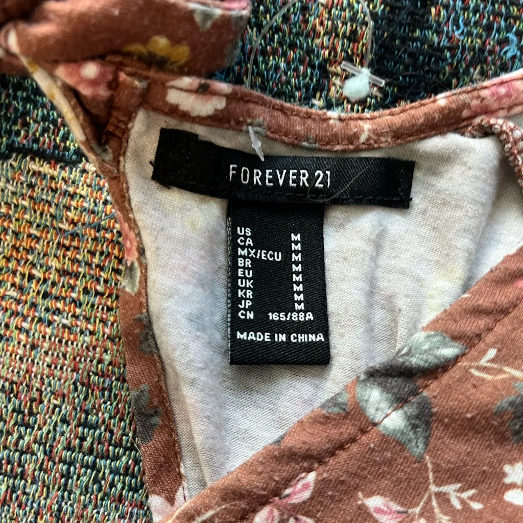 Forever 21 Brown Floral Boho Blouse Women’s M Long Sleeve Tie Back Peasant Top - Image 13