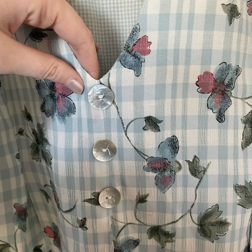 Lady Dorby vintage dress floral padded shoulders size 18 checkered green button - Image 5