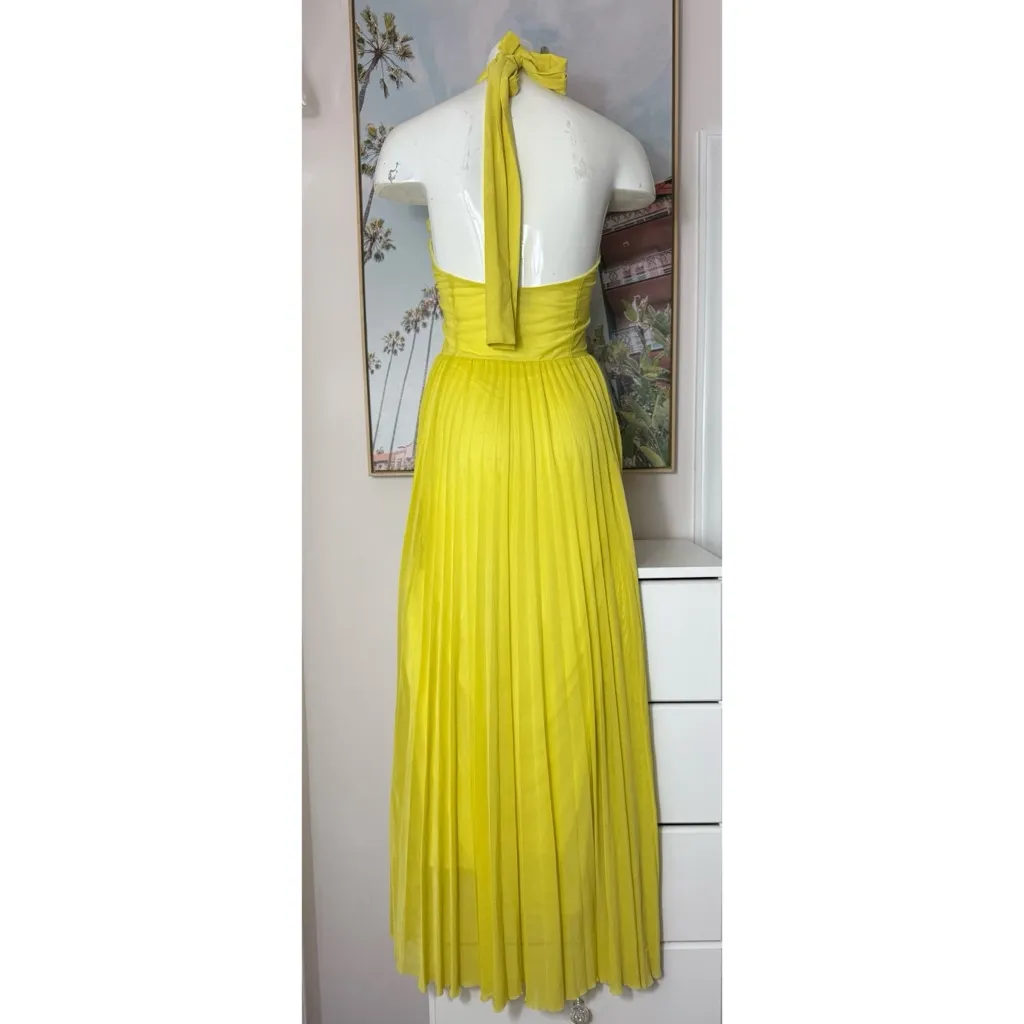 ASOS Design Lime Yellow Halter Pleated Mesh Maxi Gown Cut Out Dress Sz 10 - Image 6