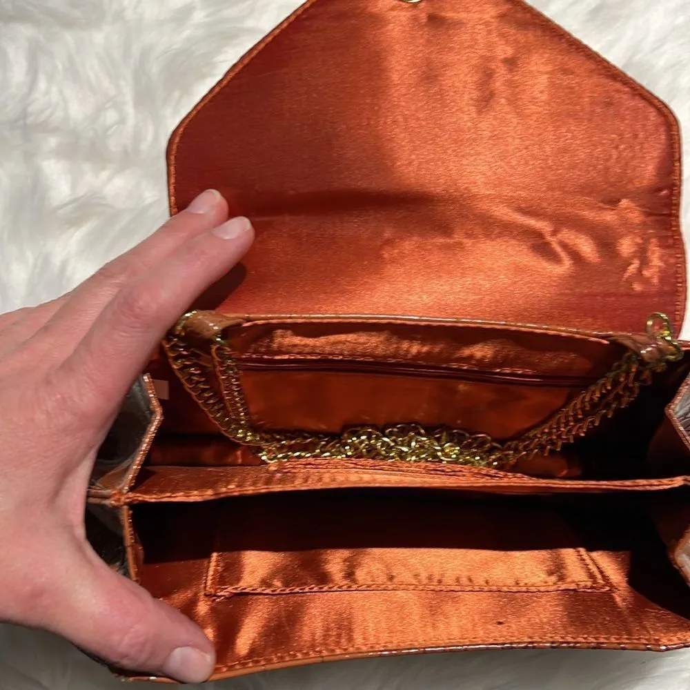 Joy & Iman Orange Crocodile Embossed Bag with Gold shoulder strap B91 Brown - Image 8