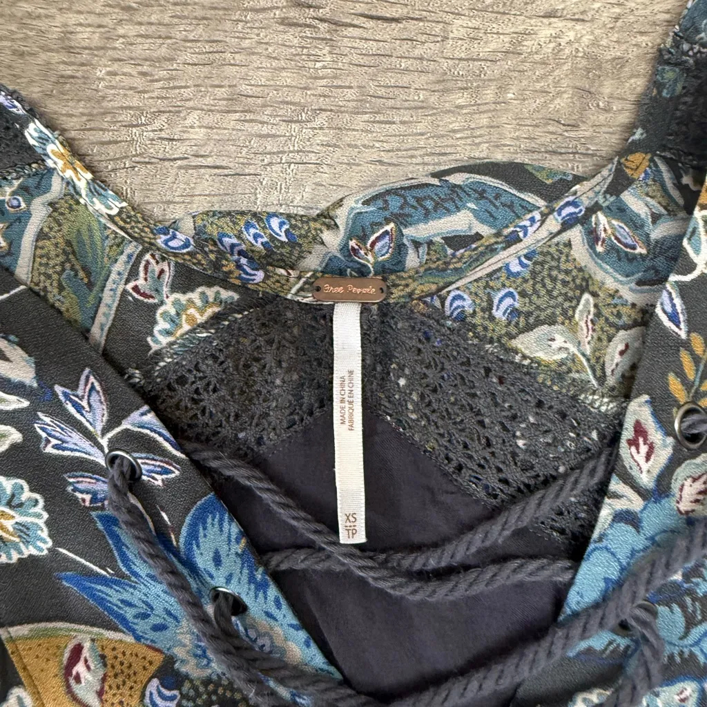 Free People Rain‎ or Shine Mini Dress Tunic Bohemian Floral Paisley Print 70s XS - Image 4