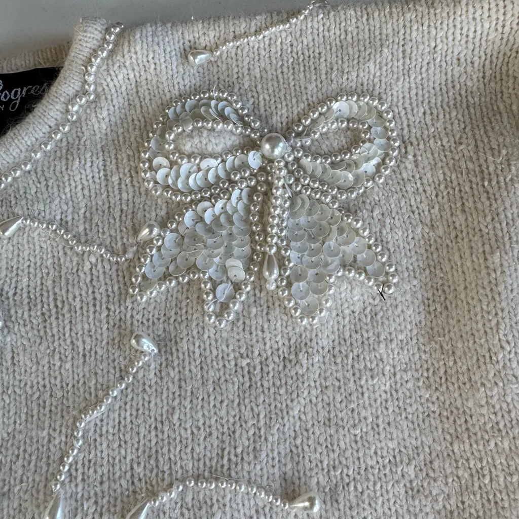 Vintage Silk Angora Beaded Holiday Sweater Sequins Pearls Ivory Cream Sz L White Size L - Image 11