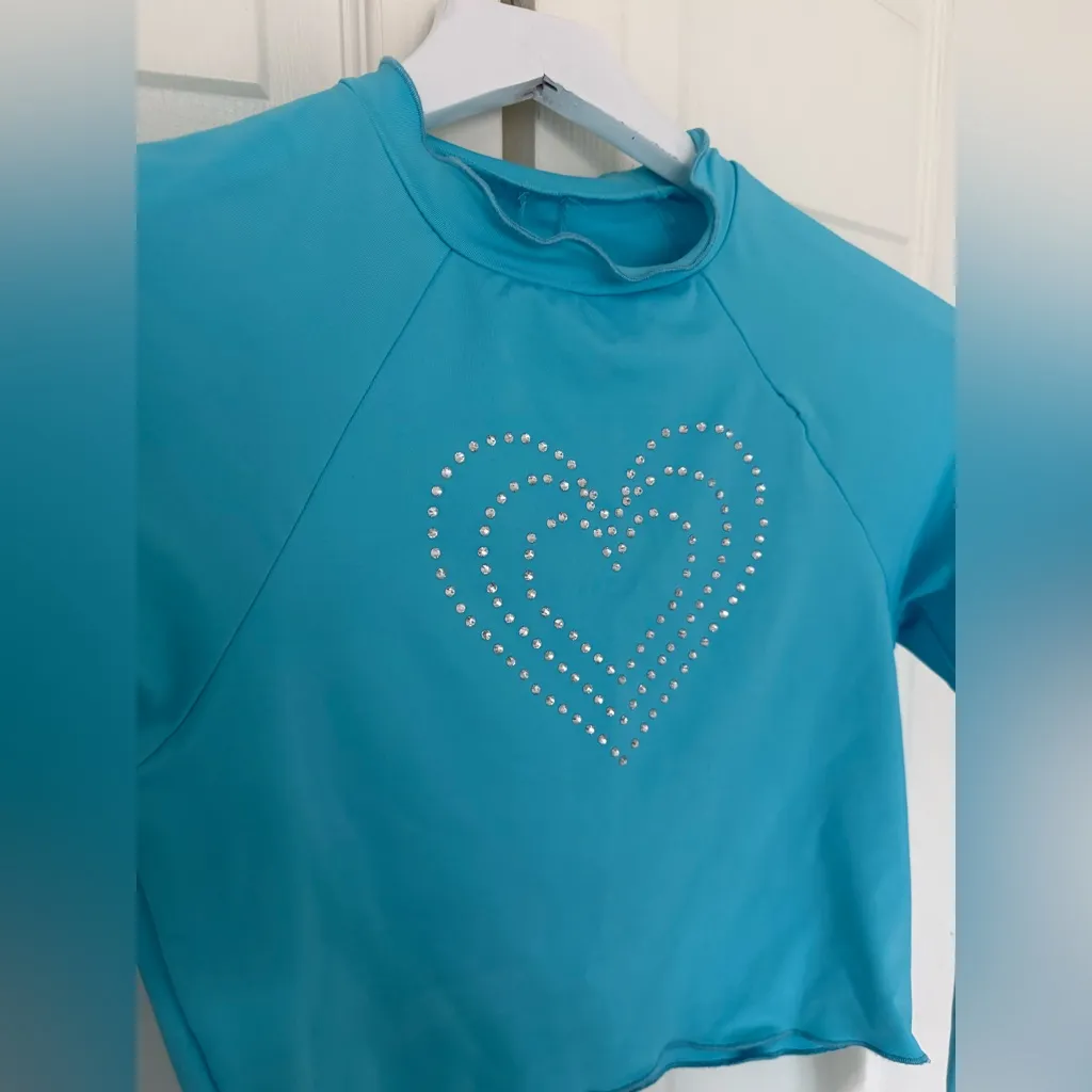 Hurley X Love Shack Fancy Rhinestone Rashguard Top Turquoise Heart Size Small - Image 4