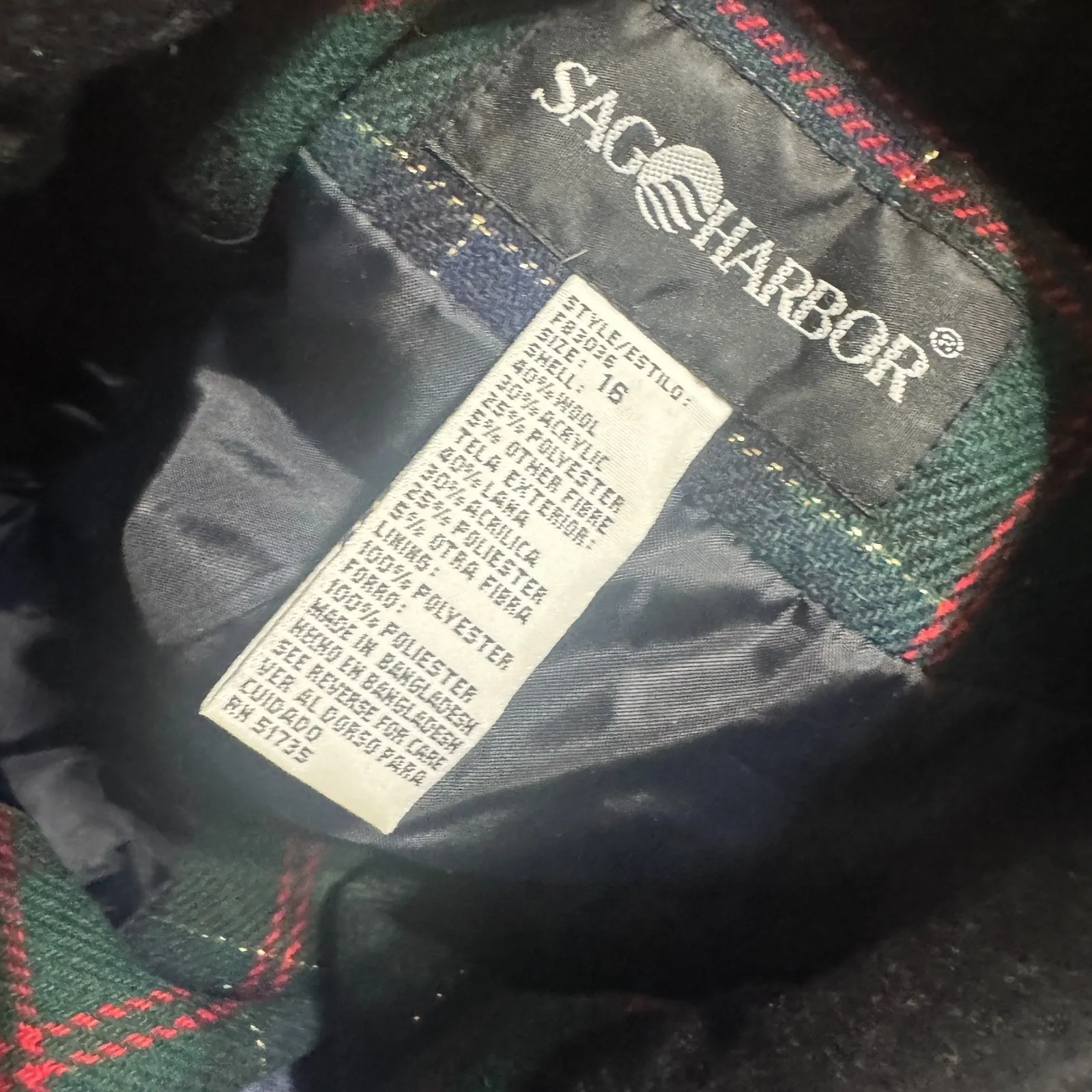 VTG Sag Harbor Wool Plaid Blazer Tartan Navy blue green Jacket Old Money sz 16 - Image 6