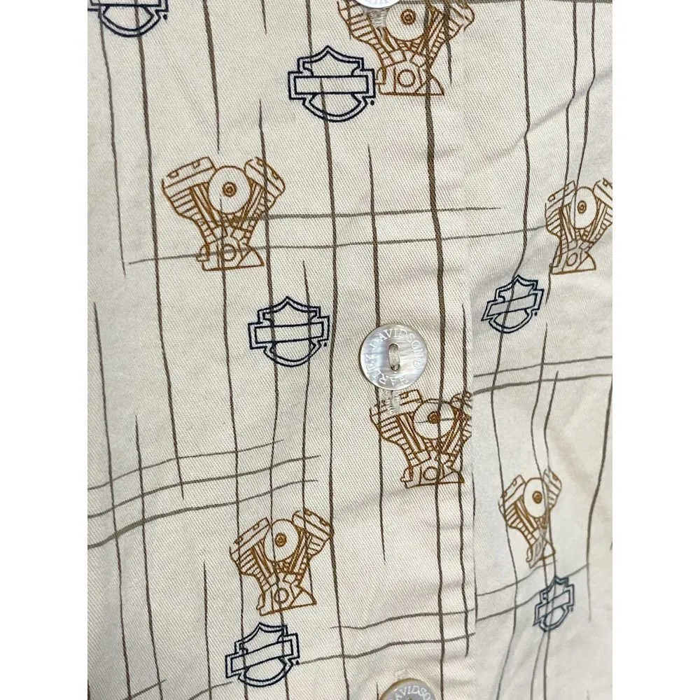 Harley Davidson Tori Richard Printed Engine Button Up Top Aloha Wear Tan Small Black - Image 10