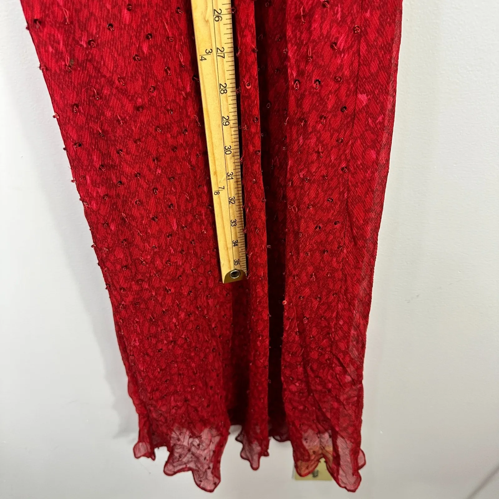 Vision Apparel Dress 6 Red Silk Sequin Sheer Sleeve Midi Gown‎ Y2K Vintage Glam - Image 4