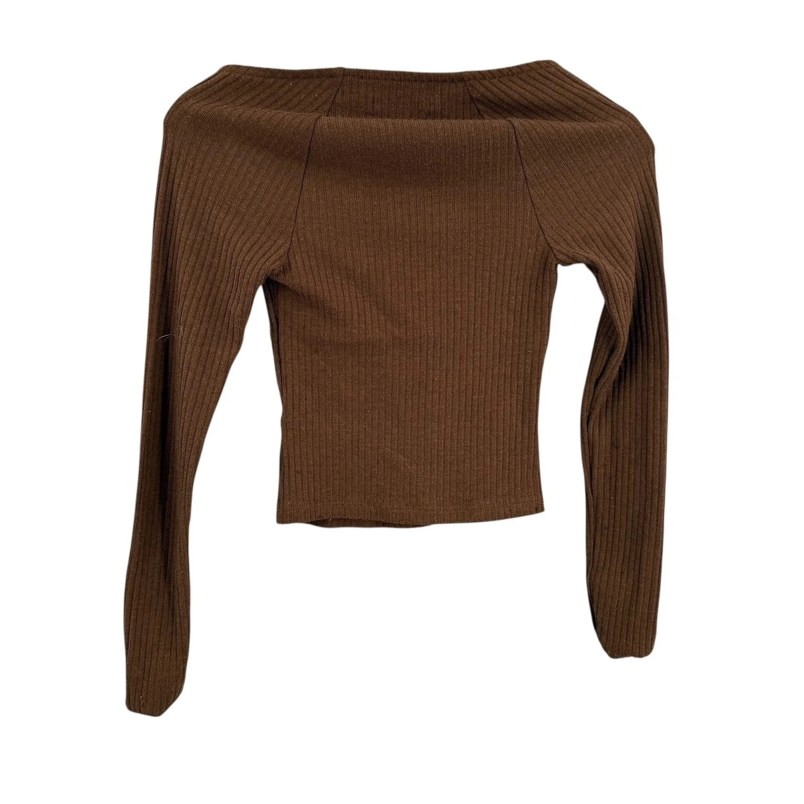 Urban Outfitters Brown Ribbed Knit Long Sleeve Square Neck Top Cropped XS - Image 2