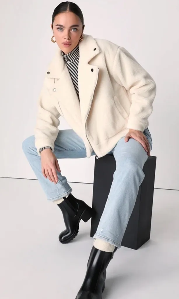 Lulus Wishing for Warmth‎ Cream Shearling Teddy Fuzzy Moto Jacket Coat Size XS - Image 1