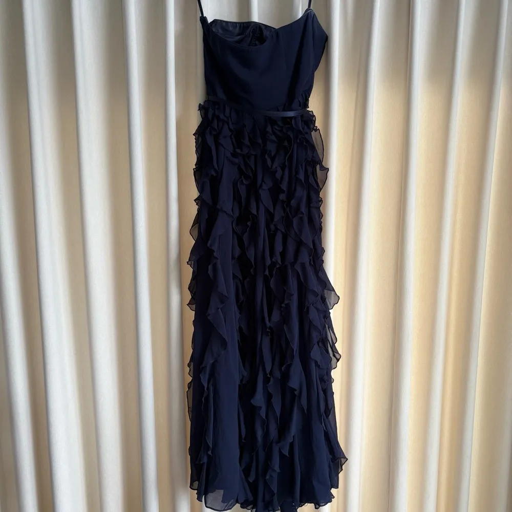 WHBM navy strapless floor length ruffle dress - Image 3