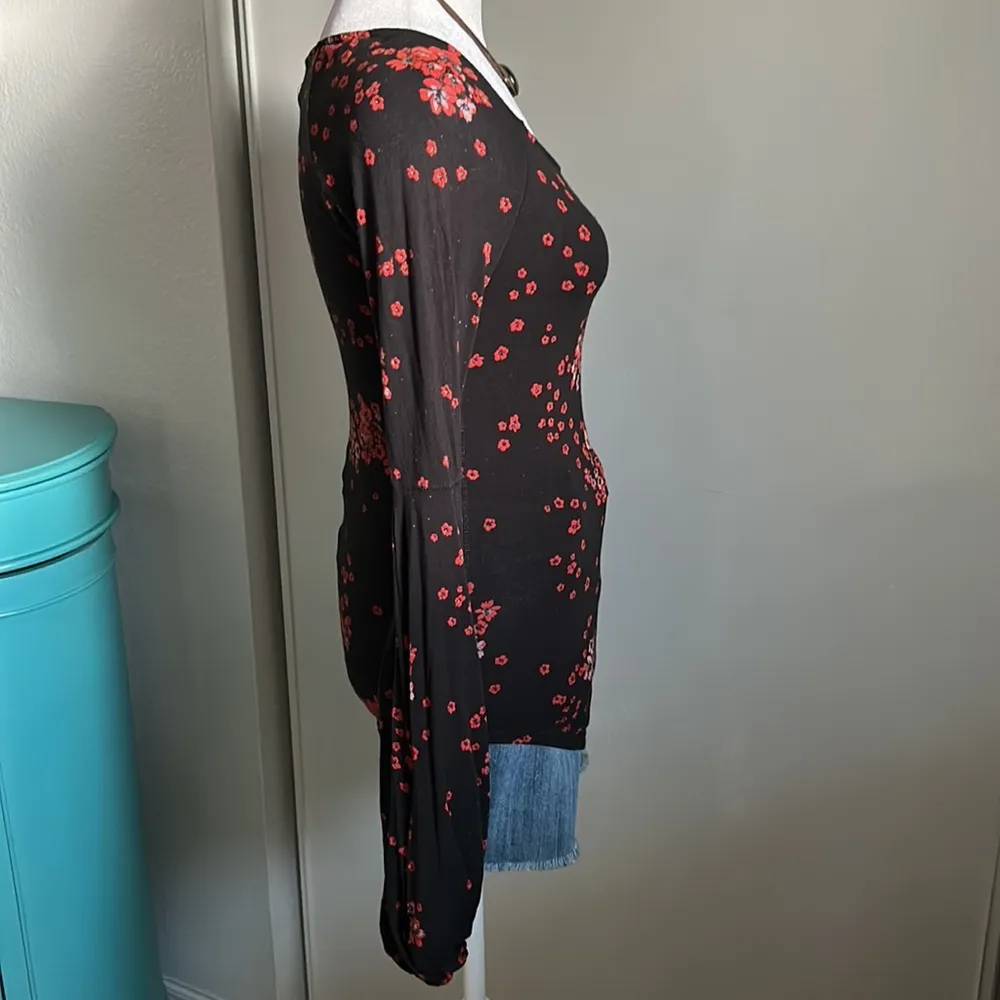 Floral Scoop Neck Drop Shoulder Bubble Sleeve Stretchy Shirt - Image 7