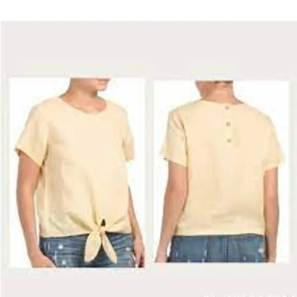 Rachel Zoe Linen Tie Bottom Short Sleeve top yellow size small - Image 2