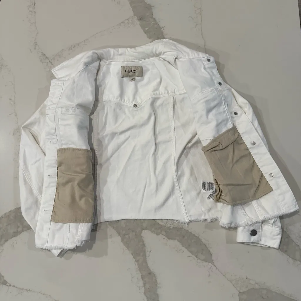 Liverpool Los Angeles Frayed Hem Cropped Denim Jean Jacket Women’s Large White - Image 5