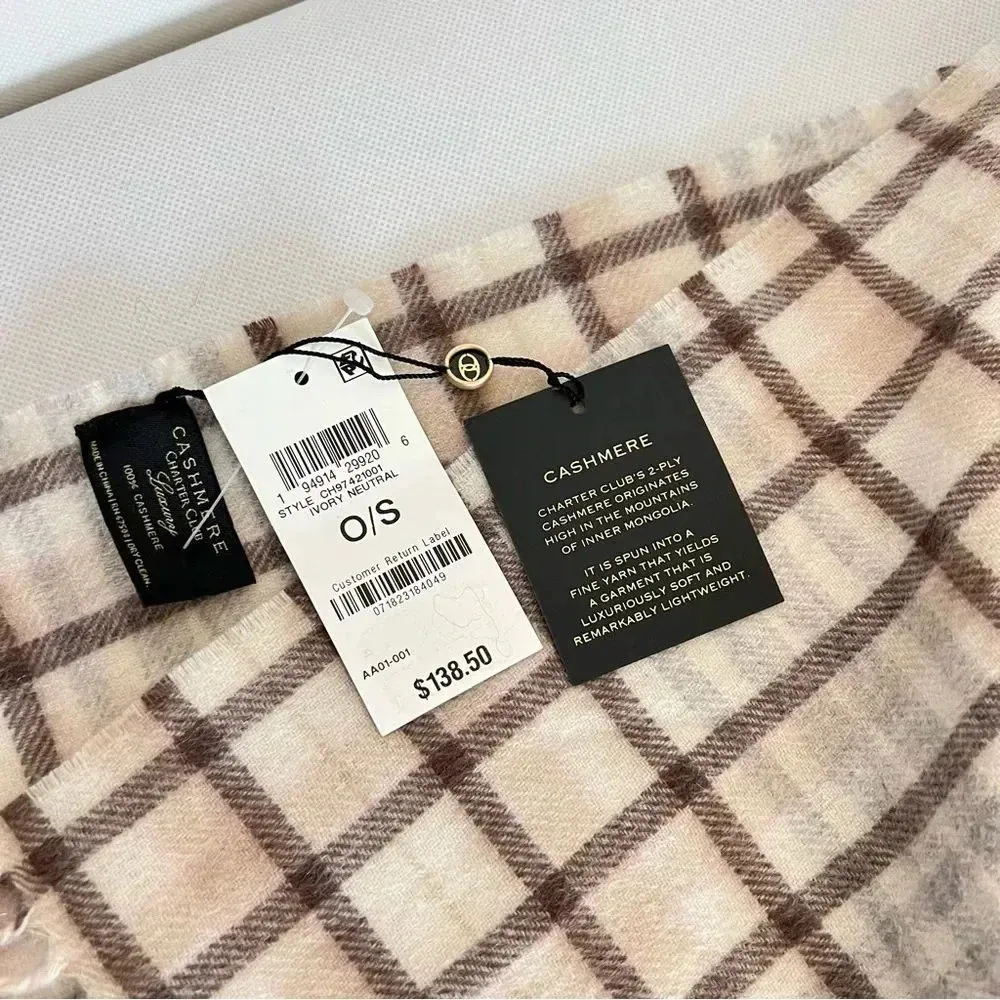 Charter Club Luxury Cashmere Plaid Scarf Ivory Neutral 2-Ply Lightweight Unisex - Image 6