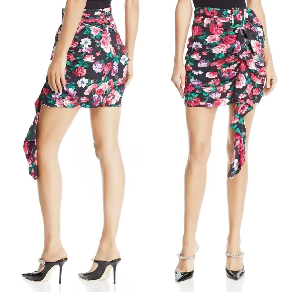 Ronny Kobo Lauryn Floral Print Draped Ruched Mini Skirt Size Small Black Pink - Image 3