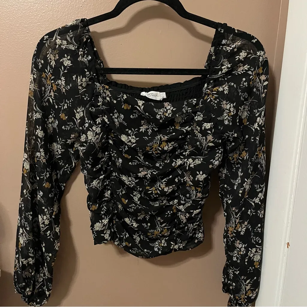 All in Favor Floral Print Ruched Black Mesh Long Sleeve Top - Image 2