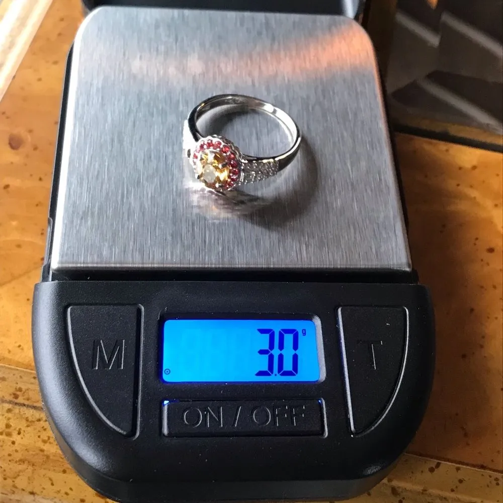 Natural Red Sapphire Yellow Zircon Sterling Silver Gemstone Halo Ring Size 8 - Image 3