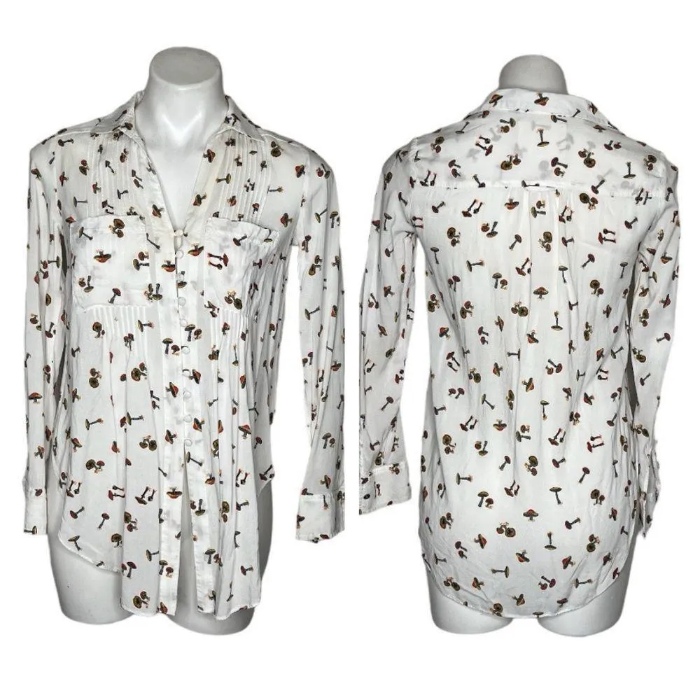 MAEVE Anthropologie White Shirt Mushroom Print Toggle Loop Closure Size XSmall - Image 9