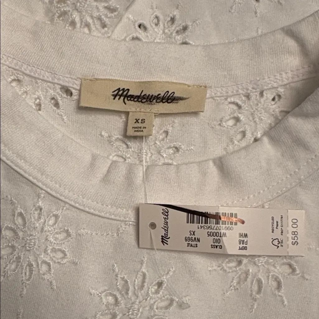 Madewell women’s Embroidered Wide-Sleeve Boxy Tee eyelet white Size XS NWT - Image 6