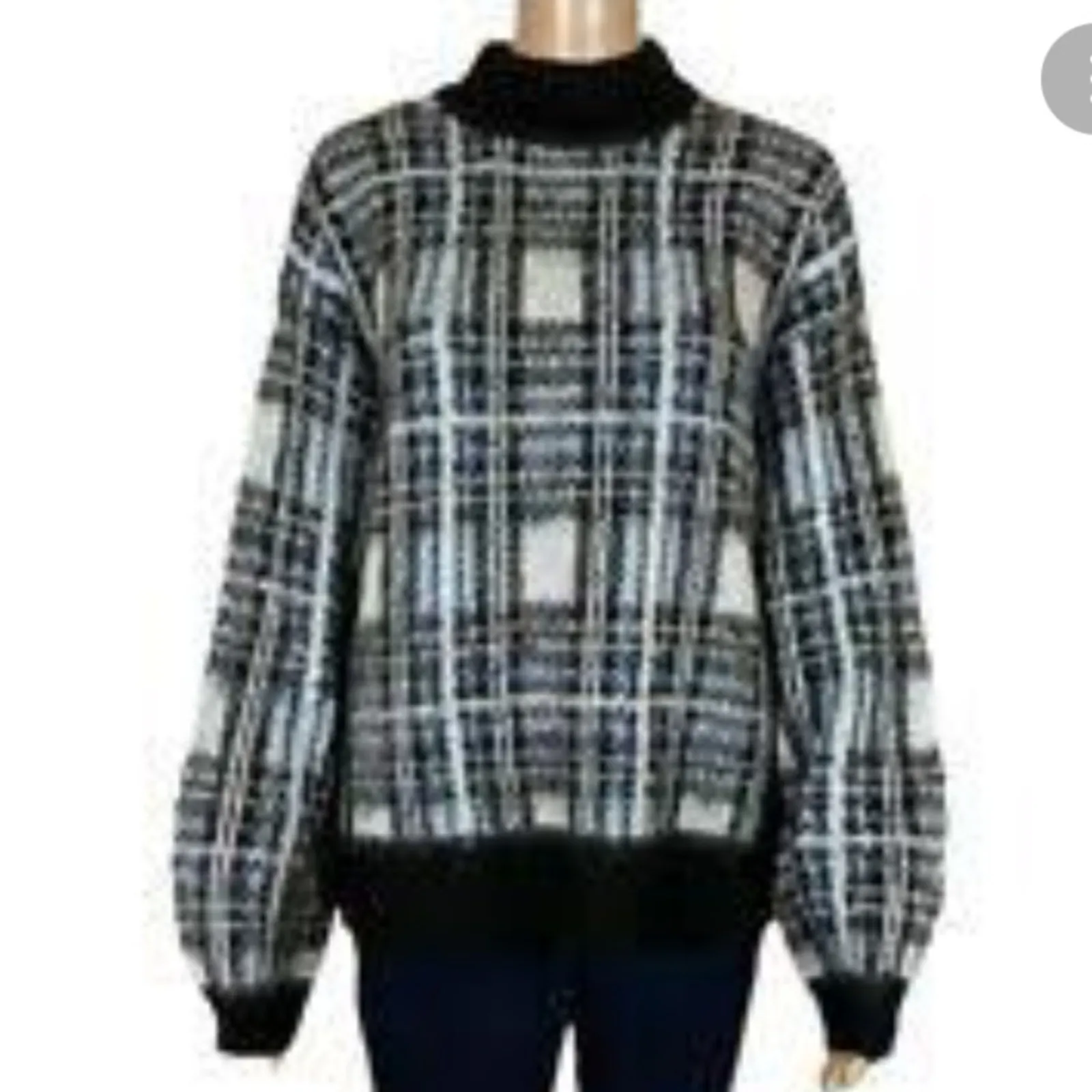 Nine West XL Boxy Plaid Mock Neck Sweater Blue White Grey Retro Cozy - Image 15