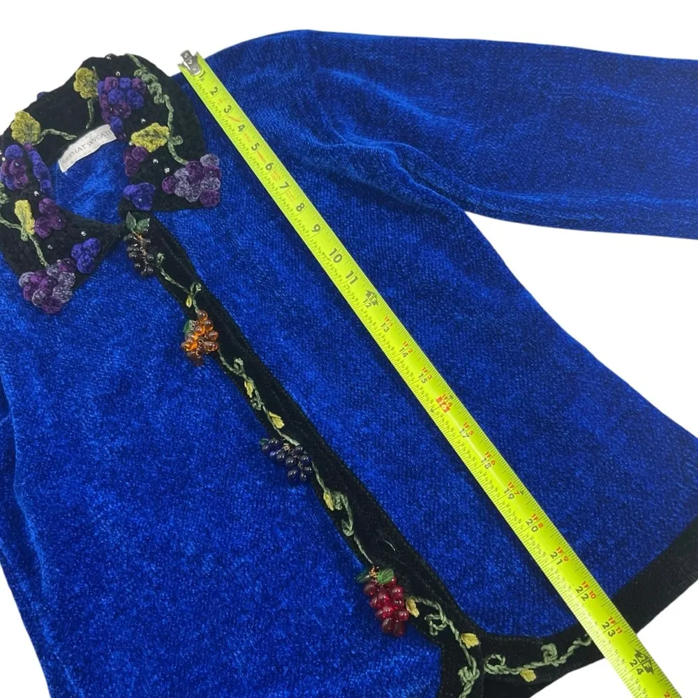 Vintage That Sweater Chenille Glass Beaded Grapes Embellished Cardigan Sweater Blue Size M - Image 11