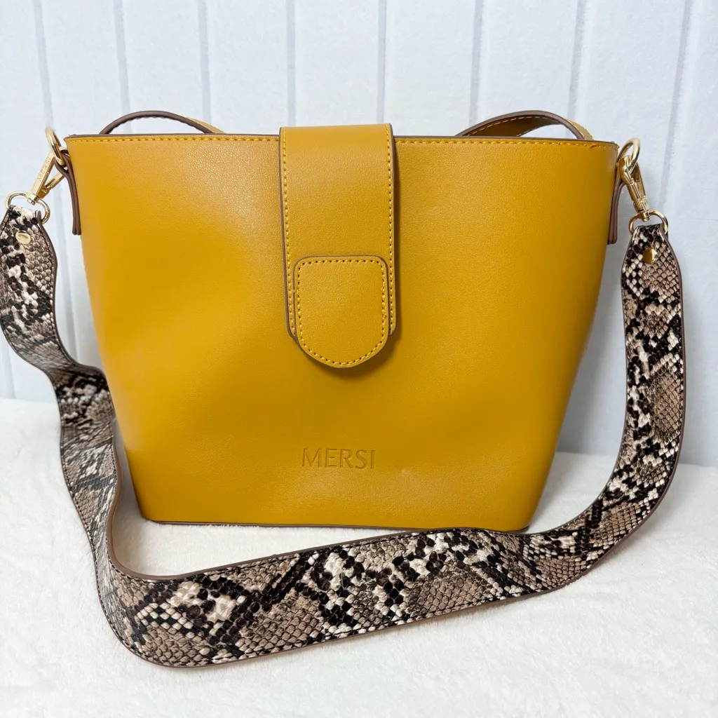 MERSI Isabel Bucket Purse Vegan Leather Bucket Bag with‎ wallet Yellow - Image 7