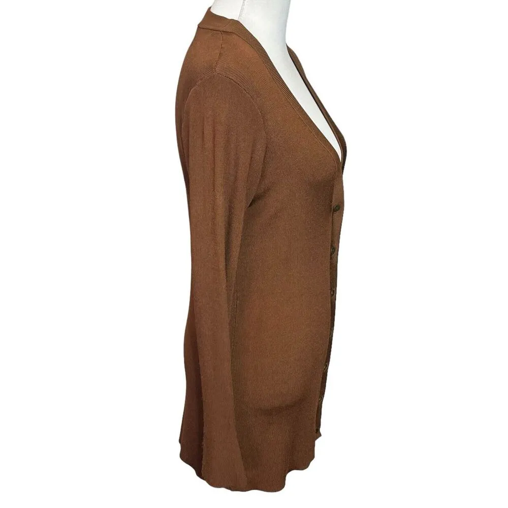 L’AGENCE Lucas Long Cardigan Rib Knit Brown Nylon Stretch Bell Sleeves Womens S - Image 5