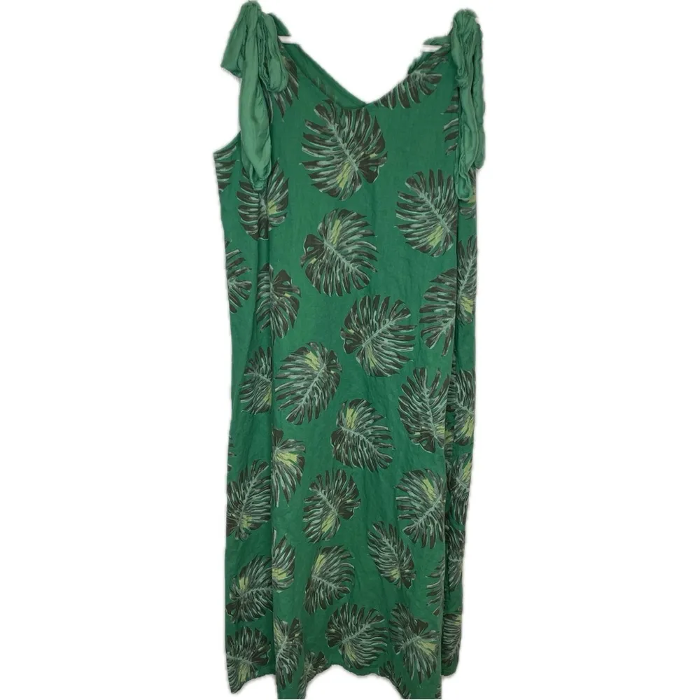 Cristina Vergani Linen Palm Print Maxi Dress Size XL Green Tie Shoulder EUC - Image 3