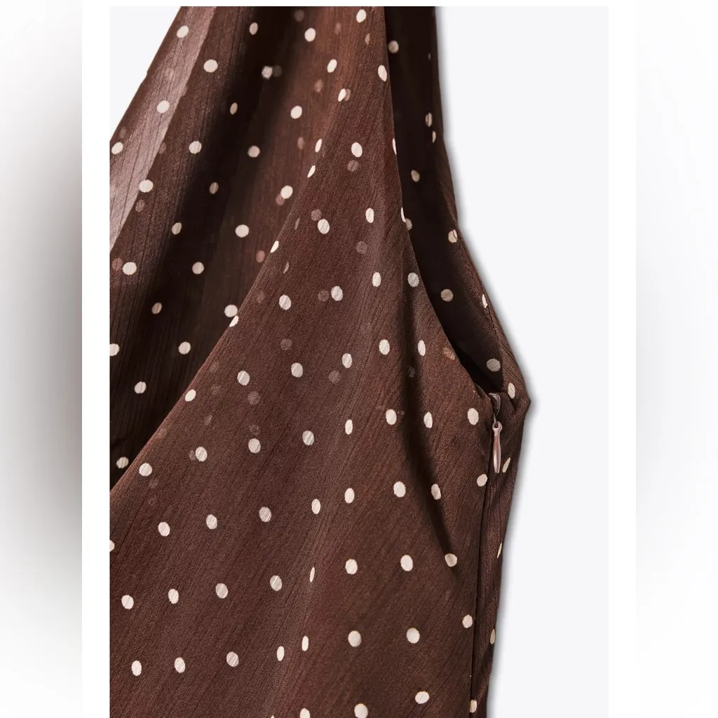 Zara NWT brown polka dot asymmetrical cowl draped detail midi maxi dress - Image 8