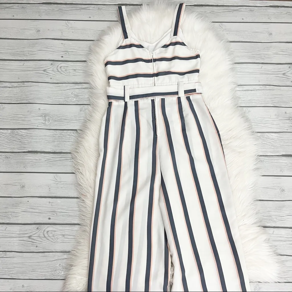 White and blue Striped belted jumpsuit - Image 5