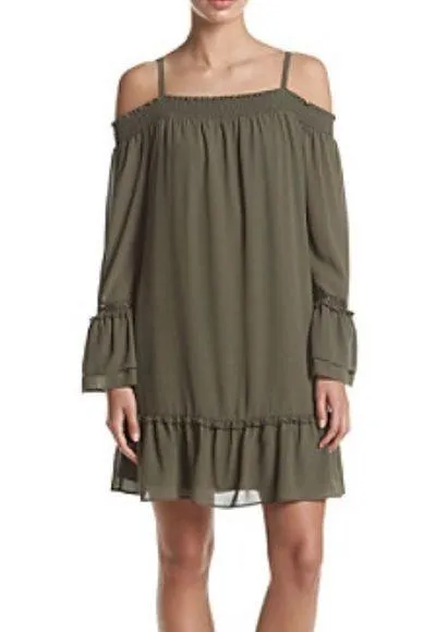 I.N. San Francisco Off Shoulder Peplum Sleeve Mini Dress Olive Green Size S NWT - Image 1