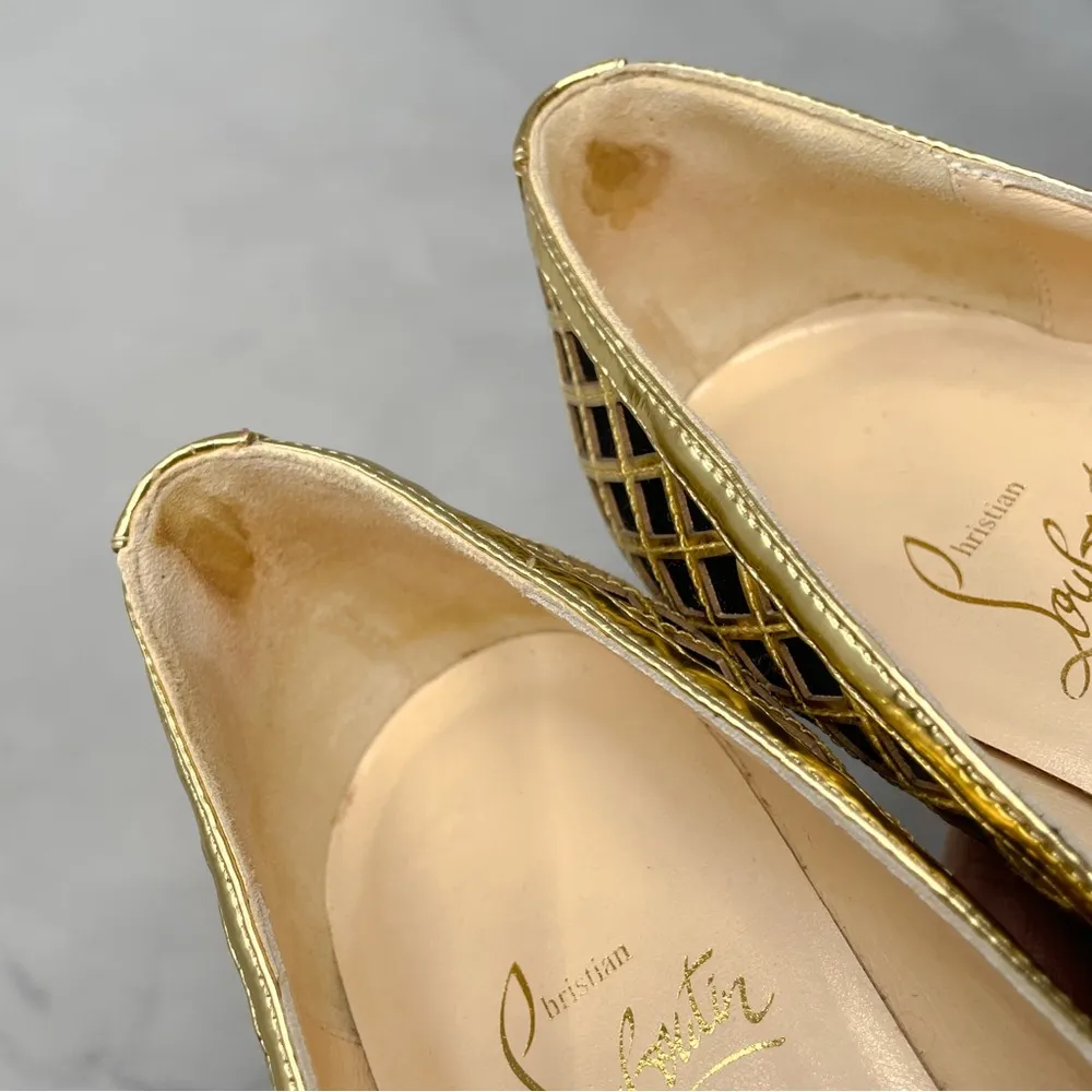 Christian Louboutin Treil 70 Crepe Metallic Gold Peep Toe Low Kitten Heels 35.5 - Image 8