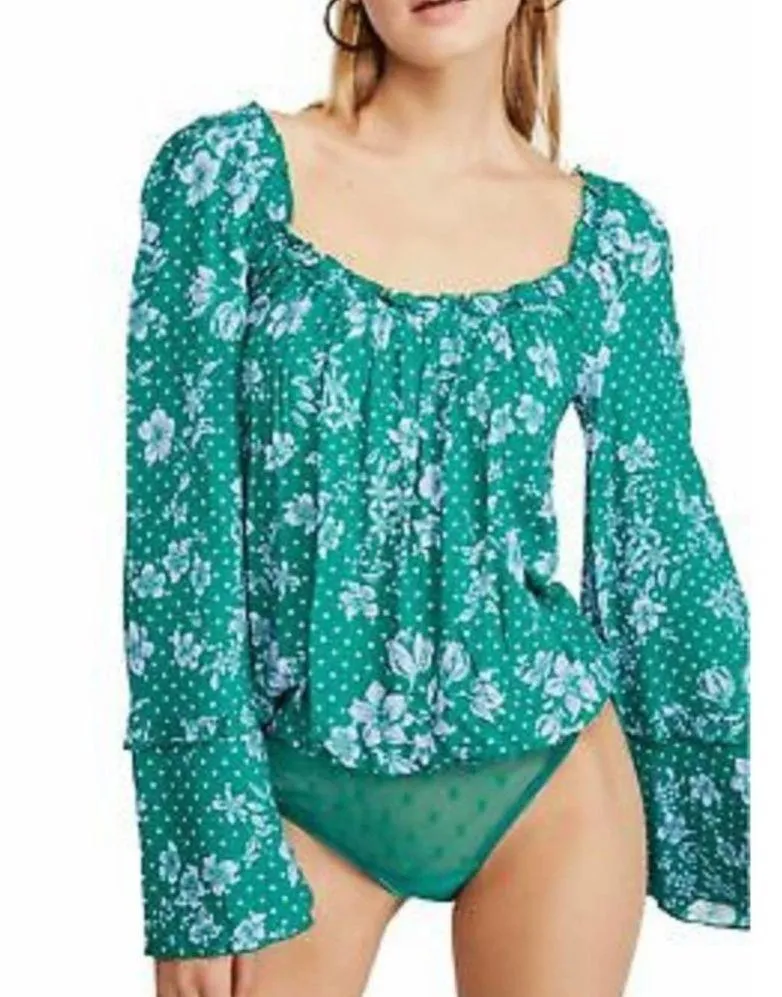 NWT Free People One on One Date bell sleeve polka dot floral Bodysuit emerald - Image 7