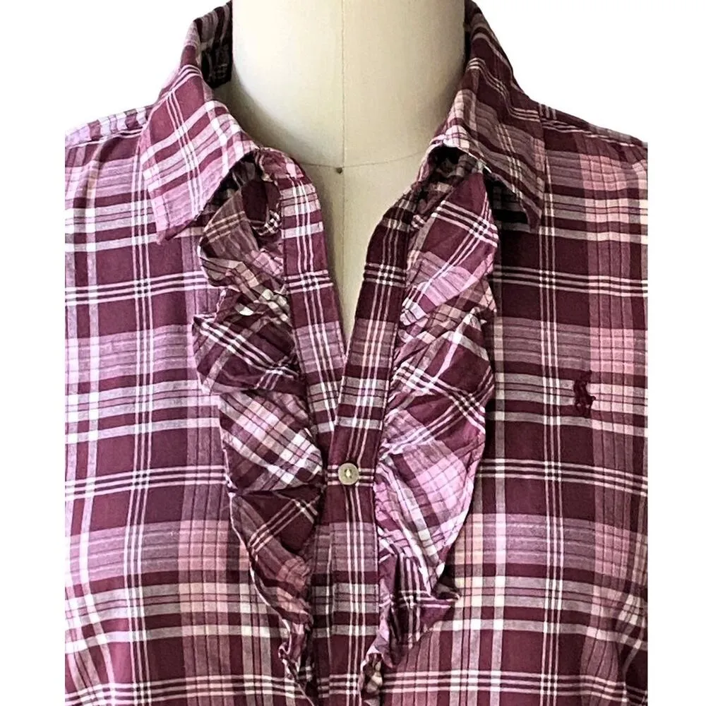 RALPH LAUREN Burgundy Plaid Cotton L/S Ruffle Shirt Mini Dress ~ Womens S / M - Image 4