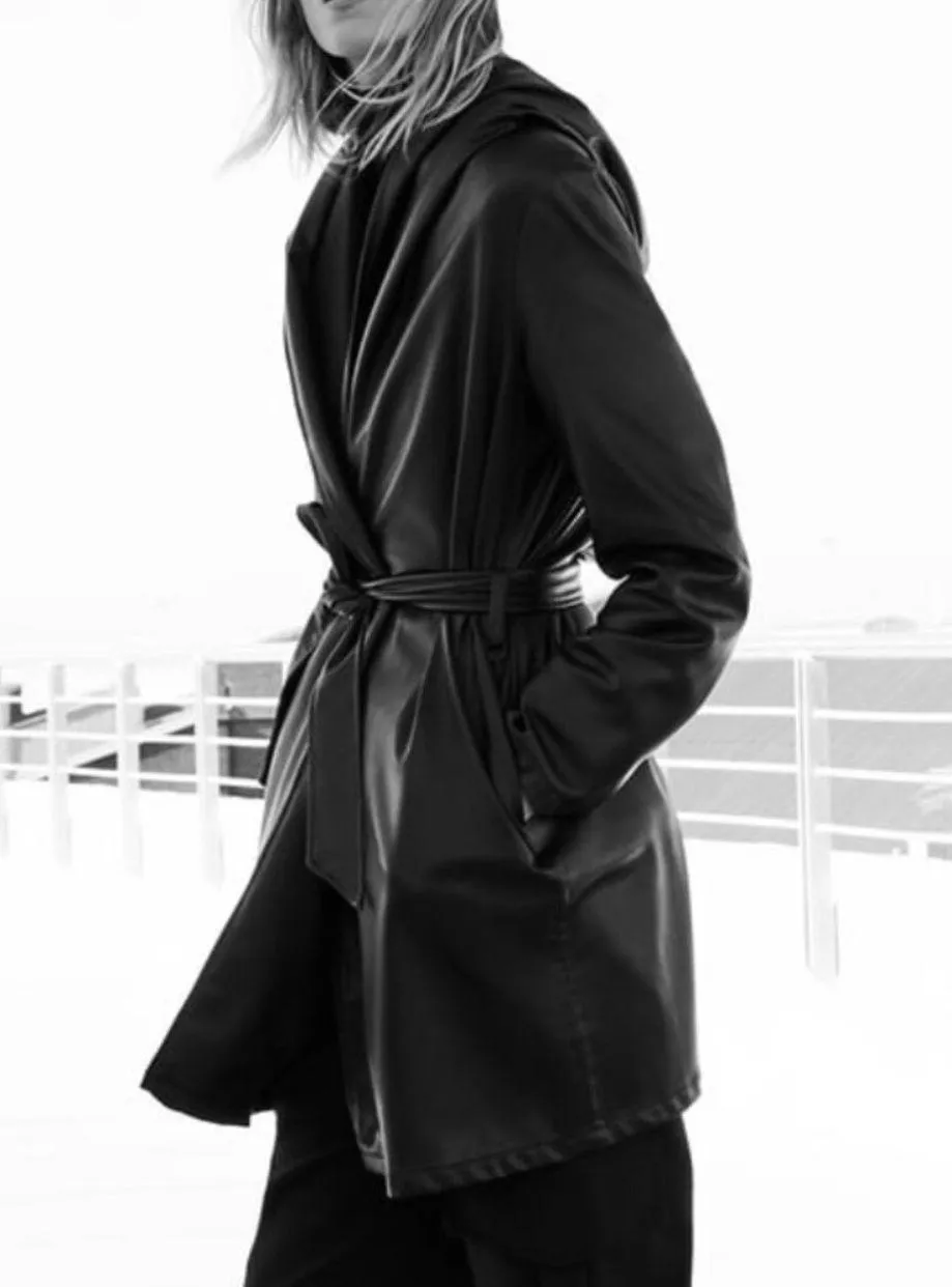 NWT  Belted Faux Leather Hooded Black Coat - Image 7