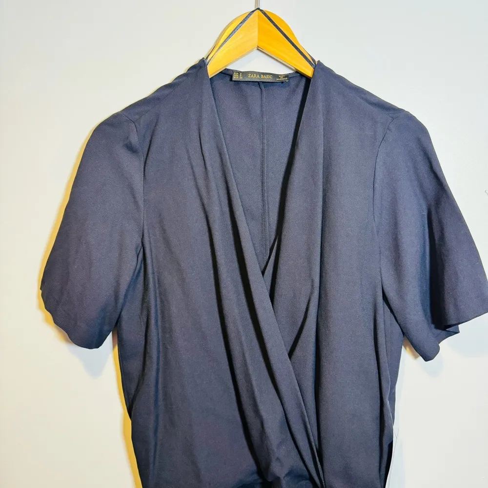 NWT Zara Basic Navy Wrap Short Sleeve Faux Wrap Blouse - Image 2