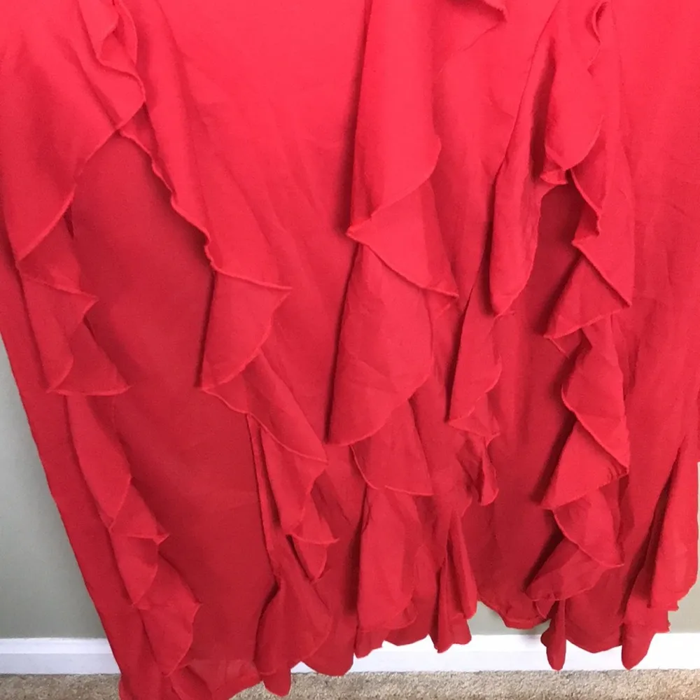 PrettyLittleThing Women’s Red Ruffle Off the Shoulder Leg Slits Maxi Dress - Image 4