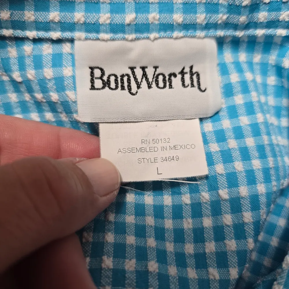 Vintage BonWorth Turquiose Floral Embroidered Gingham Shirt – Size Large Blue - Image 6