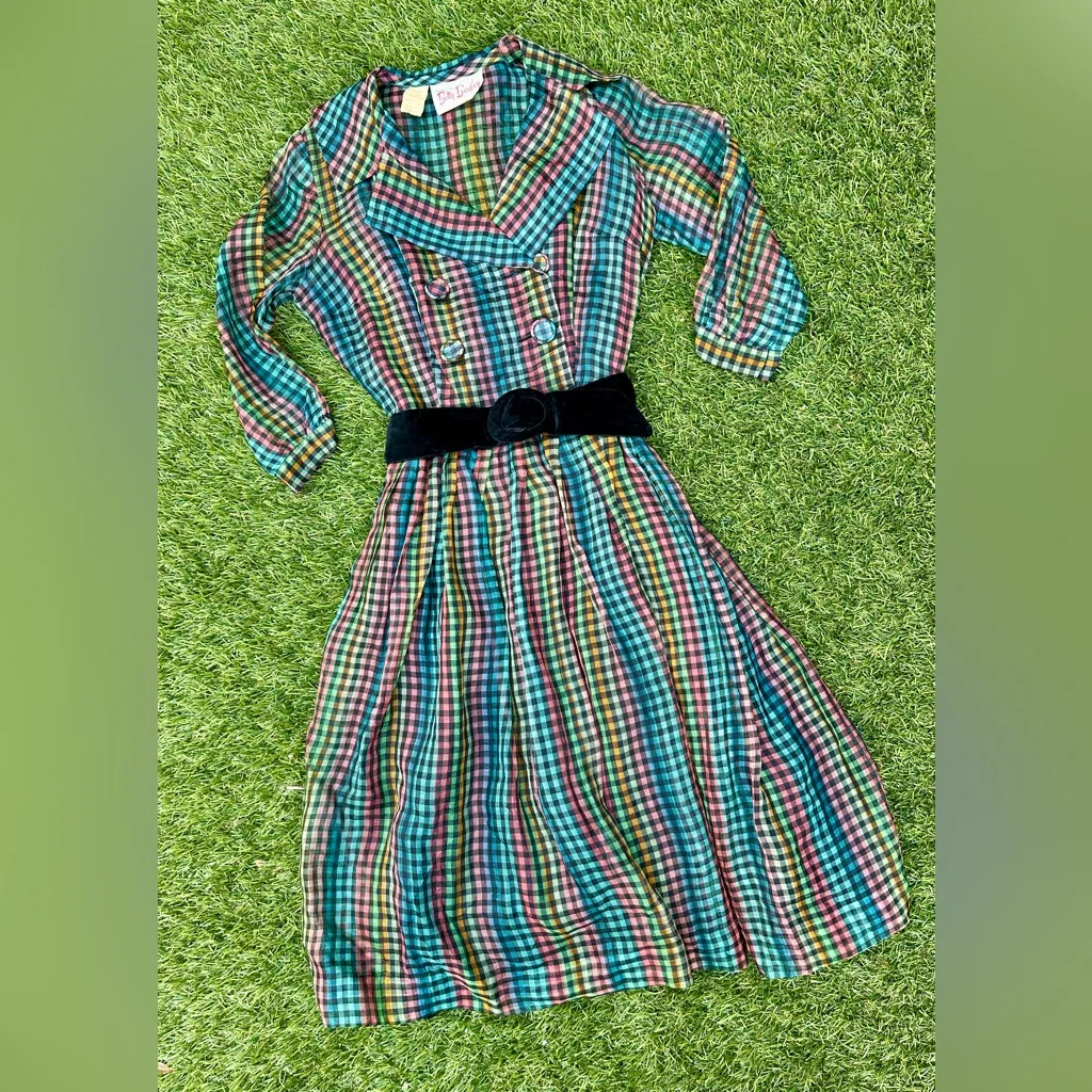 NWT Deadstock Vintage 1950s Betty Barclay Rainbow Plaid Silk Dress - Image 11
