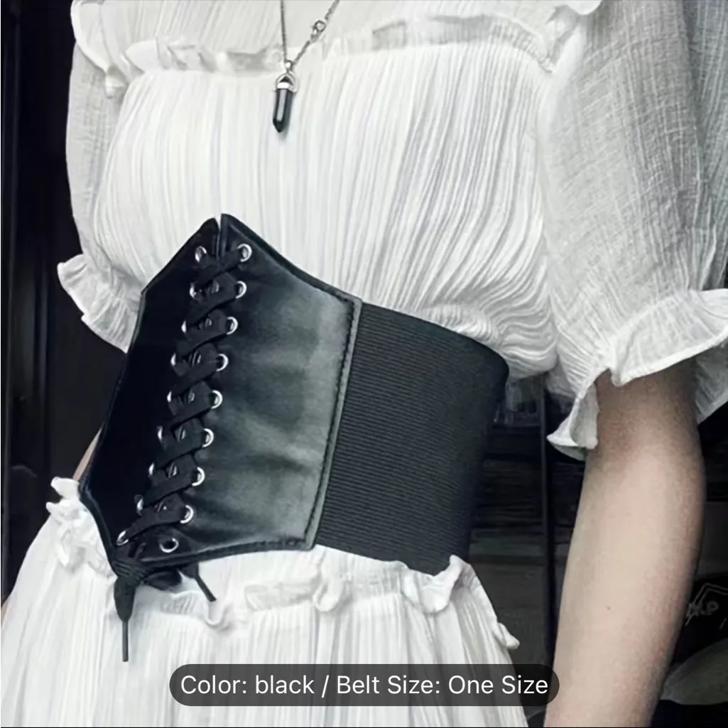 Vintage Style Lace Up Faux Leather‎ Elastic Girdle Black Casual Wide Waist Belt - Image 11