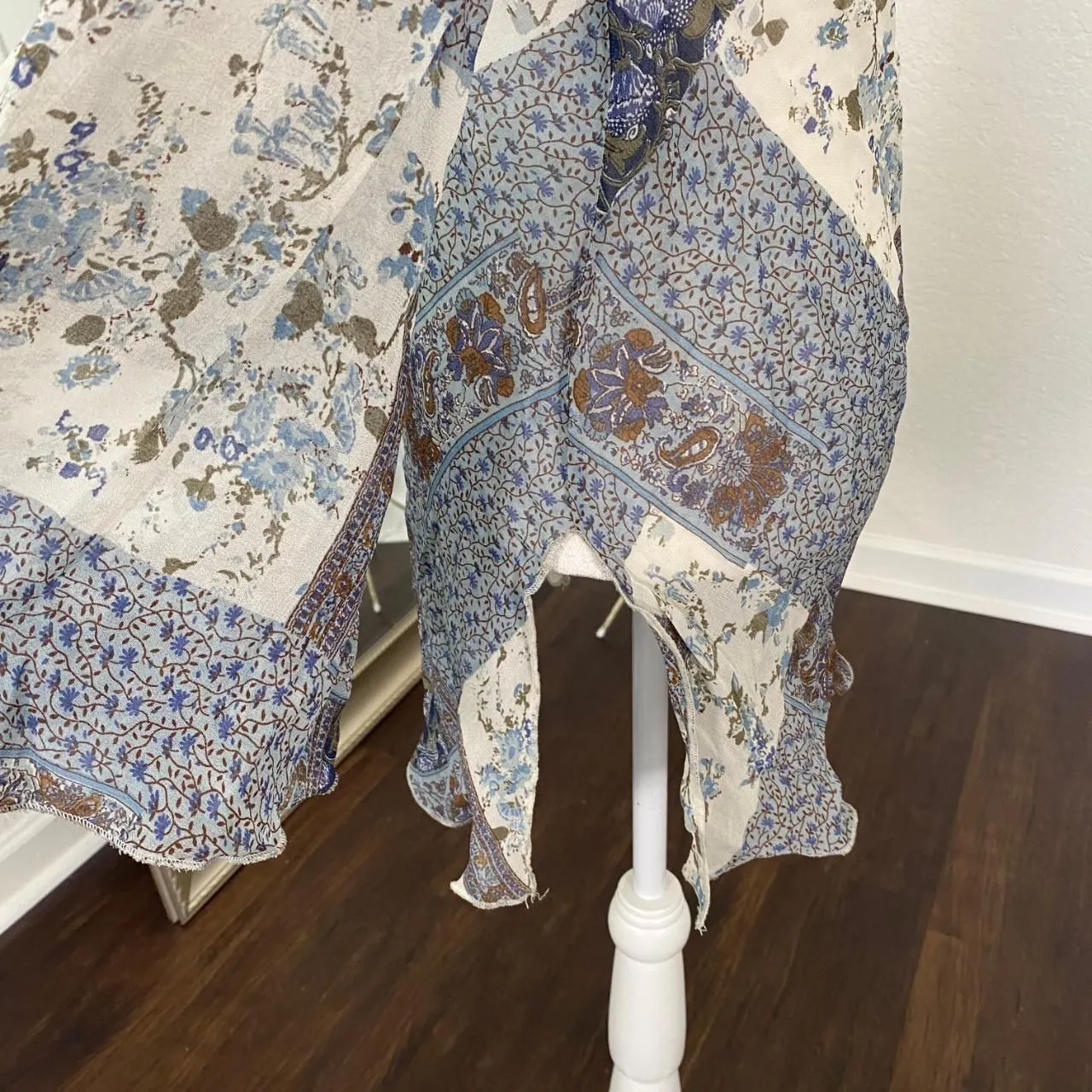 Faded Glory Boho Western Lace Up Blue White Patchwork Bell Sleeve Tunic Top S - Image 5