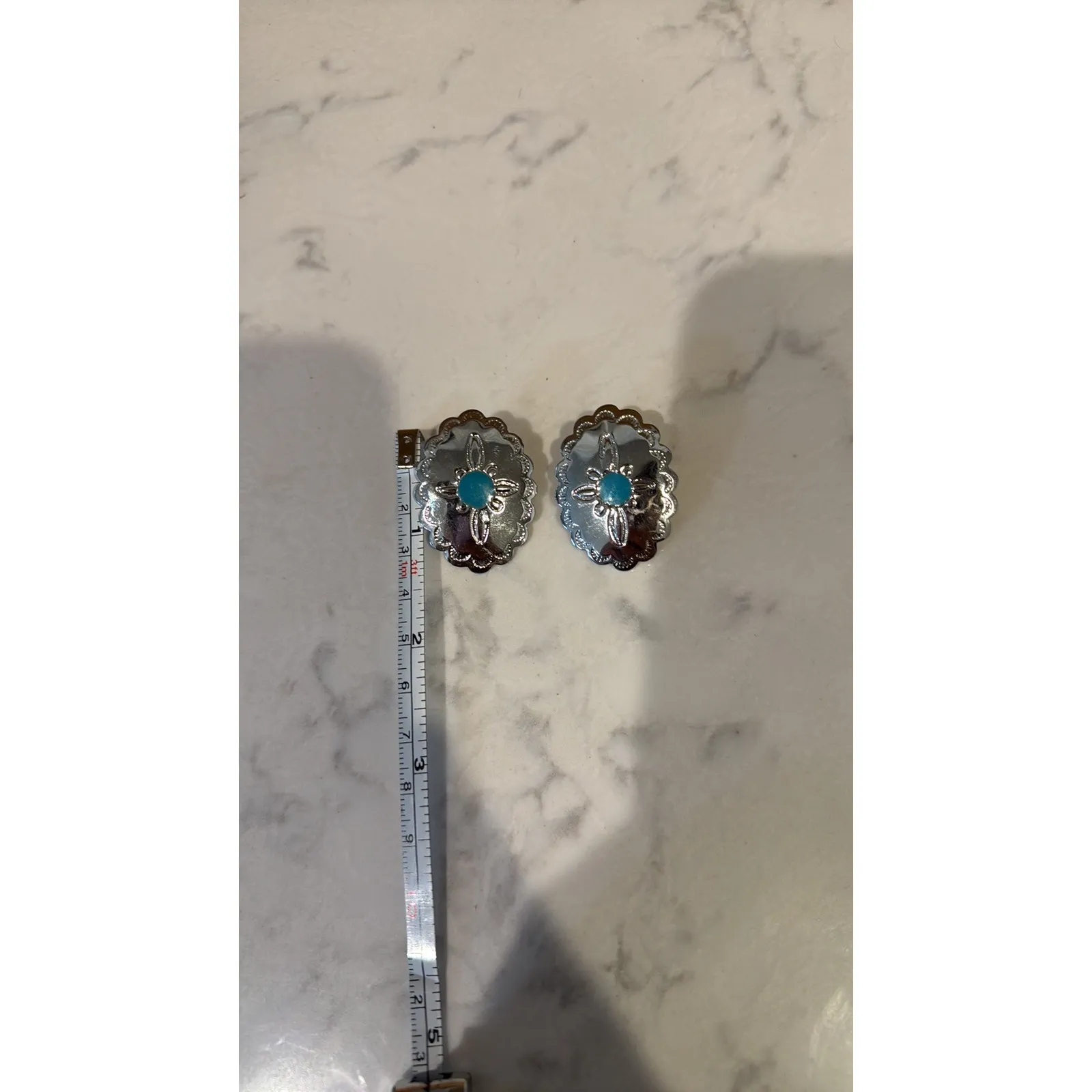 Silver tone faux turquoise conch earrings western NFR rodeo classic chic - Image 4