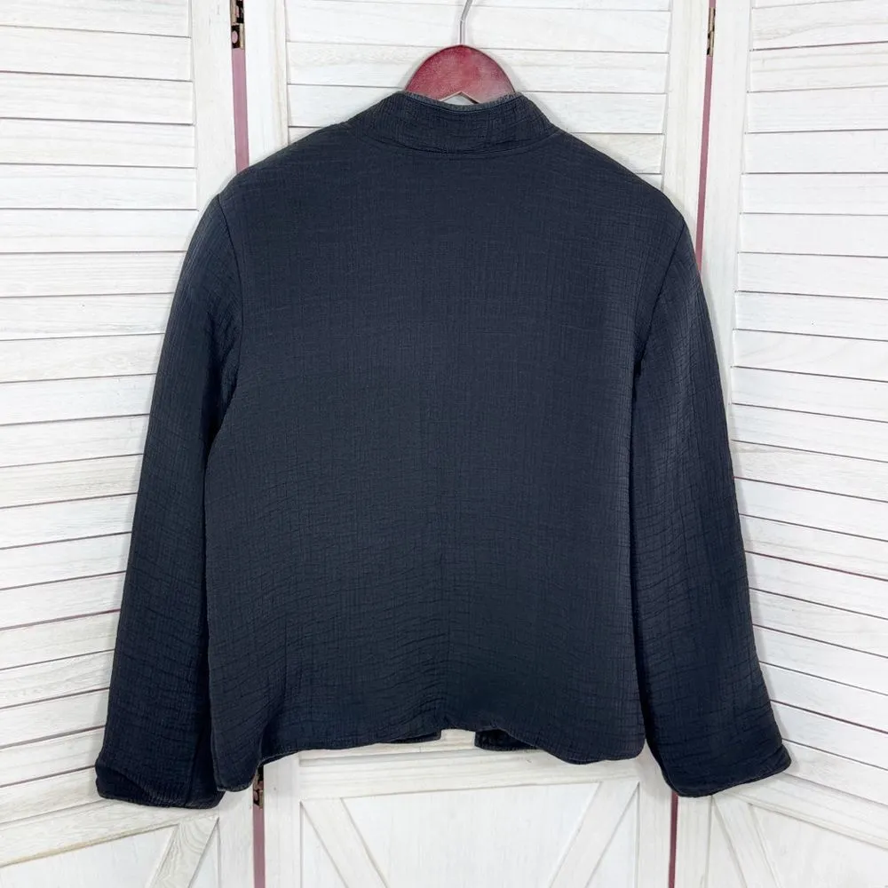 Chicos Textured Silk Mandarin Collar Open Front Bomber Jacket Black Large 12 - Image 8