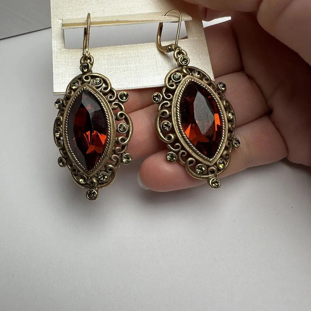 T Tahari Gold Tone Green & Amber Rhinestone Pierced Dangle Drop Earrings NWT $58 - Image 4