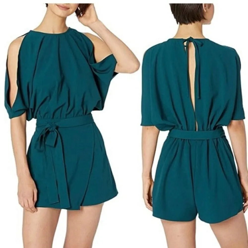 BISHOP + YOUNG Off Duty Teal Cold Shoulder Open Back Crepe Belted Romper M. - Image 2