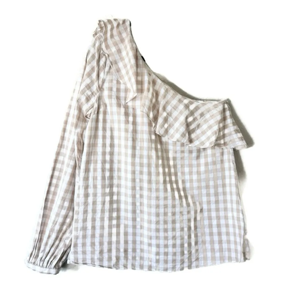 L’Academie White & Tan Asymmetrical Gingham Blouse Size XS - Image 2