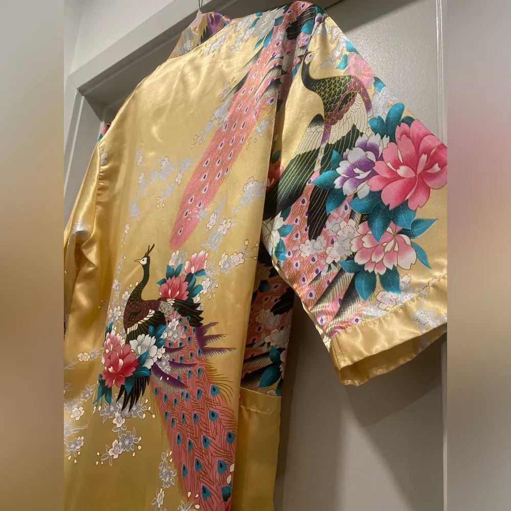 VTG 80s 90s Cream Champagne & Pink Peacock Floral Print Kimono Robe Bathrobe - M - Image 11