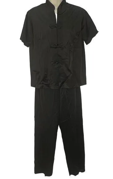 Vintage Shadowline Pajama Set Black Size S 32 Short Sleeve Mandarin Nylon - Image 1