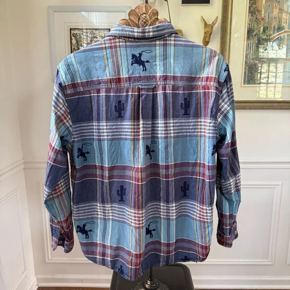 Vintage 90s LG Sport Plaid Cotton Button Up Shirt Southwestern Cowboy Cactus L Blue - Image 4