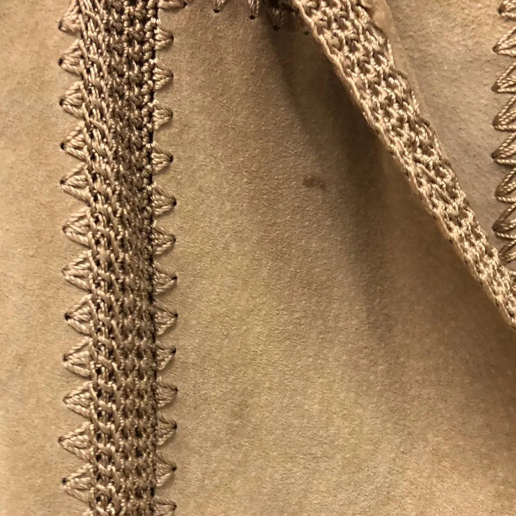 Vtg 70's Boho Leather Shacket Jacket‎ Crochet Patchwork Scalloped Hem Tan Sz M Size M - Image 3